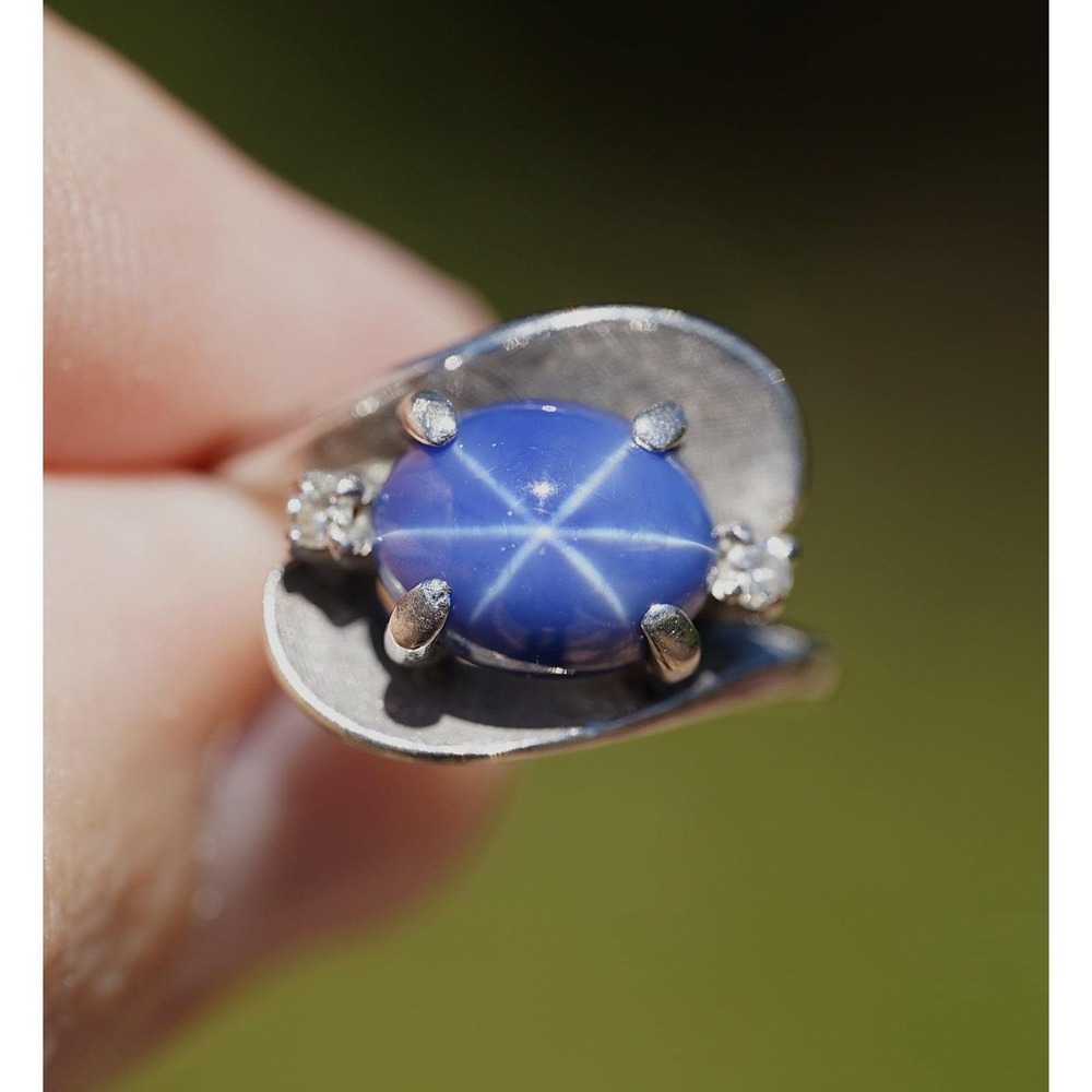 Vintage 14k Solid White Gold Blue Star Sapphire & Diamond Ring - Round - Picture 3 of 9